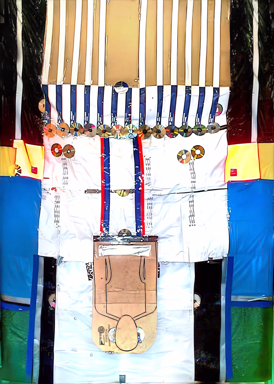 Untitled (CD Torso Assemblage) — a torso figure assembled from compact discs and mixed media.